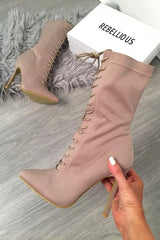 Mocha Stretchy Lace Up Heeled Ankle Boots - Aayla