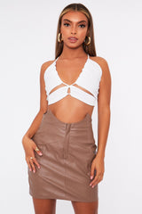 Mocha Pleather Waist Detail Mini Skirt - Syren