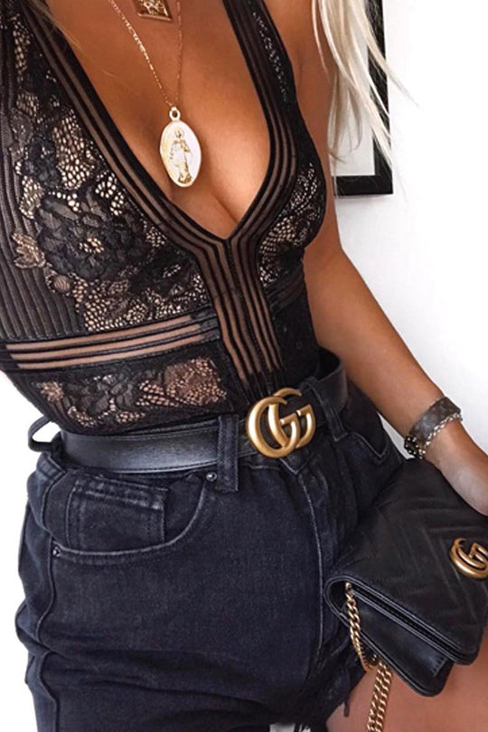 Black Lace Sleeveless Open Back Bodysuit - Molina