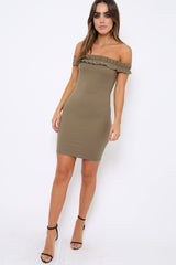 Khaki Ruffle Bardot Bodycon Dress - Mollie