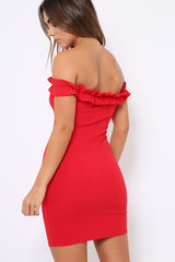 Red Ruffle Bardot Bodycon Dress - Mollie