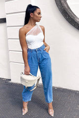 White Polka Mesh Corset One Shoulder Bodysuit - Carrie