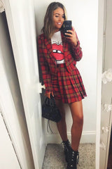 Red Tartan Crop Blazer Pleated Skirt Co-Ord - Holly