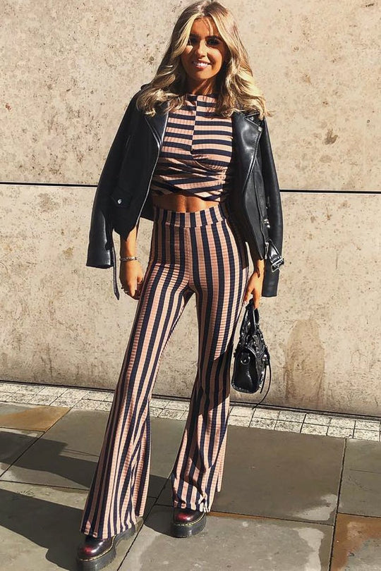Navy Camel Stripe Rib Crop Top Trousers Co-Ord - Elmira