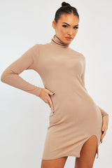 Stone Ribbed High Neck Side Split Mini Dress - Jamela