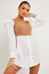 Camel Overlay Detail Puff Sleeve White Shirt Dress - Olah