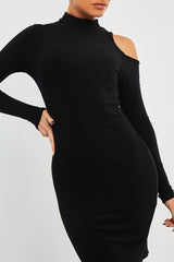 Black Ribbed High Neck Shoulder Cut Out Mini Dress - Carola