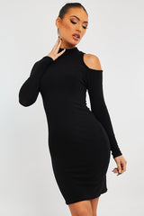 Black Ribbed High Neck Shoulder Cut Out Mini Dress - Carola