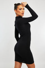 Black Ribbed High Neck Shoulder Cut Out Mini Dress - Carola