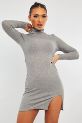 Grey Ribbed High Neck Side Split Mini Dress - Jamela