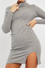 Grey Ribbed High Neck Side Split Mini Dress - Jamela