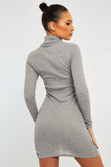 Grey Ribbed High Neck Side Split Mini Dress - Jamela