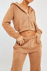 Camel Zip Up Cropped Hoodie - Skarlet