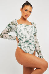 White Green Marble Puff Sleeve Bodysuit - Deana