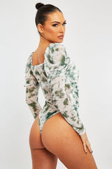 White Green Marble Puff Sleeve Bodysuit - Deana