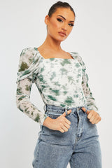White Green Marble Puff Sleeve Bodysuit - Deana
