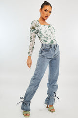 White Green Marble Puff Sleeve Bodysuit - Deana