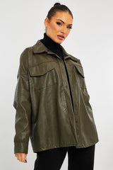 Khaki Faux Leather Shacket - Leiyah