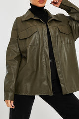 Khaki Faux Leather Shacket - Leiyah