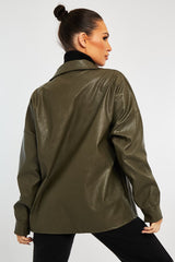 Khaki Faux Leather Shacket - Leiyah