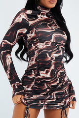 Brown Abstract Print Ruched Front Mini Dress - Vara