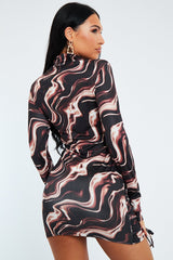 Brown Abstract Print Ruched Front Mini Dress - Vara