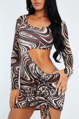 Brown Marble Print Side Ruched Cut Out Mini Dress - Aniisa