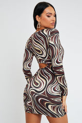 Brown Marble Print Side Ruched Cut Out Mini Dress - Aniisa