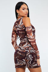 Brown Marble Print Cut Out Mesh Mini Dress - Sienne