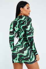 Green Abstract Print Ruched Front Mini Dress - Vara