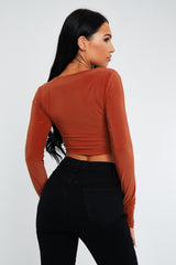 Rust Slinky Thumb Hole Long Sleeve Crop Top - Kacci