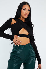 Black Slinky Cross Front Long Sleeve Crop Top - Tahlia