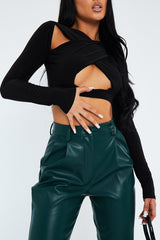 Black Slinky Cross Front Long Sleeve Crop Top - Tahlia