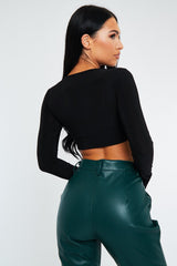 Black Slinky Cross Front Long Sleeve Crop Top - Tahlia