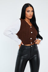 Brown Contrast Sleeves Knitted Top - Mckaela