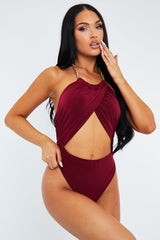Wine Crossover Chain Halterneck Bodysuit - Mariel