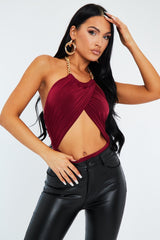 Wine Crossover Chain Halterneck Bodysuit - Mariel