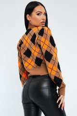 Orange Argyle Print Knit Cardigan - Dazie