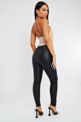 Black PU Leather Button Detailed Biker Leggings - Donda