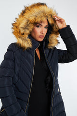 Navy Blue Fur Hood Contrast Panel Puffer Coat - Chelsie