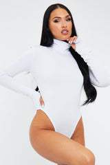 White Backless High Neck Thumb Hole Bodysuit - Mako