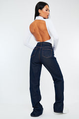 Indigo Denim Straight Leg Side Split Jeans - Tashi