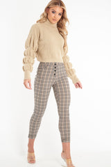 Brown Check Button Front Skinny Leg Trousers - Simone