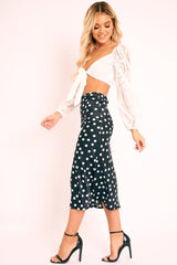 Black White Polka Jacquard Print Satin Midi Skirt - Taija