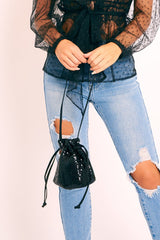 Black Sequin Drawstring Shoulder Strap Bag - Vada
