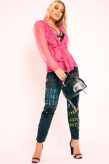 Pink Polka Mesh Long Sleeve Ruffle Blouse - Lattie