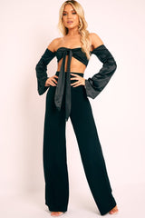 Black Satin Knotted Middle Wide Sleeve Crop Top - Madianna