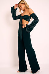 Black Satin Knotted Middle Wide Sleeve Crop Top - Madianna