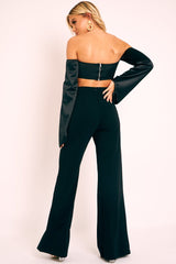 Black Satin Knotted Middle Wide Sleeve Crop Top - Madianna