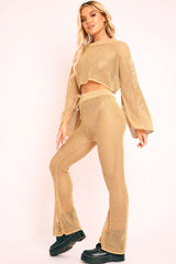 Gold Metallic Crochet Trouser Crop Top Co-ord - Natia